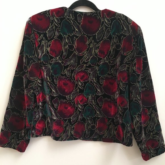 Vintage Floral Black, Emerald Green, Red + Gold Velvety Cardigan/Light Jacket - Picture 6 of 6